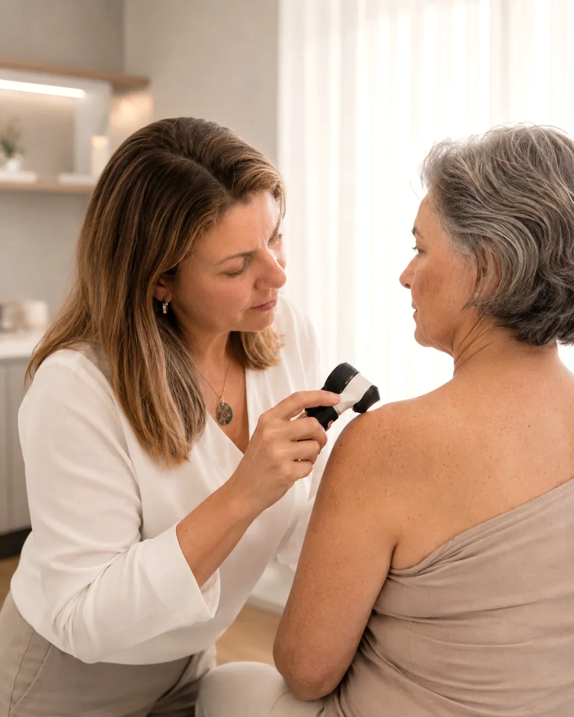 Dra. Karina Zold realizando dermatoscopia para avaliação de pintas e prevenção do câncer de pele em Campinas